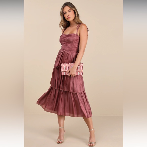 Lulus Tennon Dusty Rose Plisse Tiered Midi Dress XL - Picture 1 of 10
